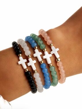 Multicolor Beaded Cross Bracelet Set — Rose, Green, Blue, White, Black